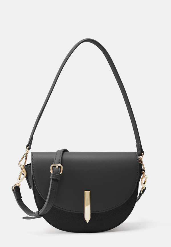 Schultertasche Selje Saddle SEIDENFELT – Schwarz mit goldener Statement-Schließe