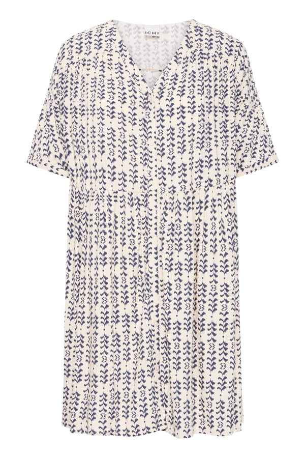 Kleid mit Print in Creme-Blau– Viskose LENZING™ ECOVERO™, Modell Vera