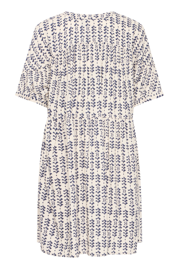 Kleid mit Print in Creme-Blau– Viskose LENZING™ ECOVERO™, Modell Vera