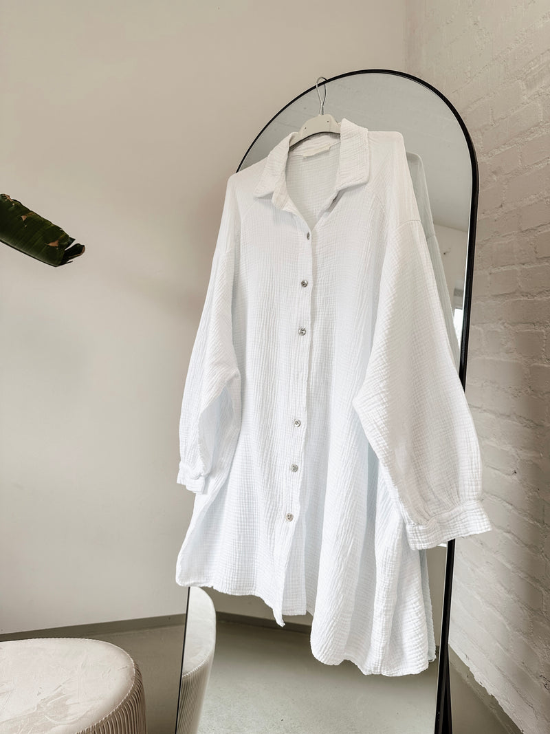 Lange Musselin Bluse Oversize in Weiß