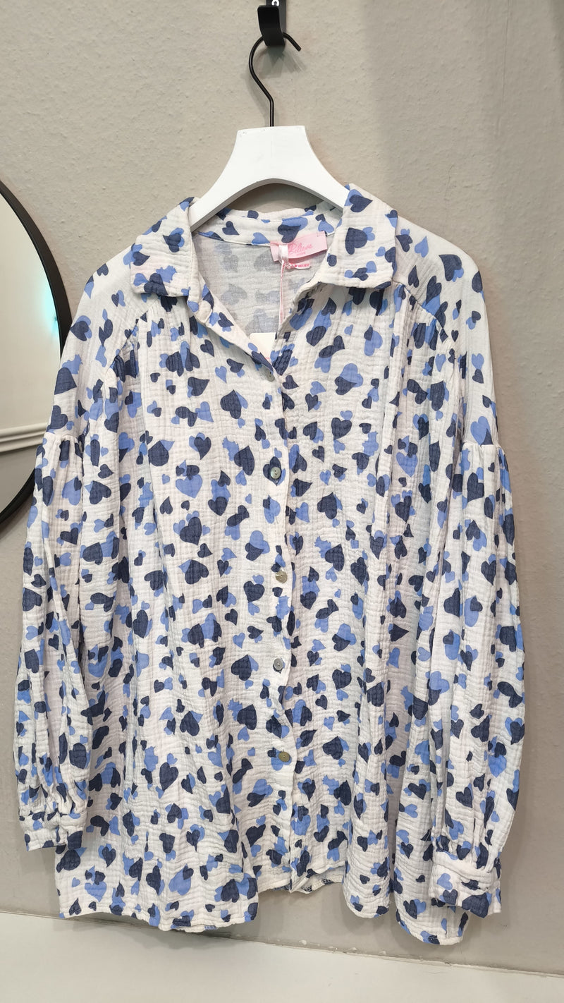 Musselin Bluse Herzi in Weiß/Blau